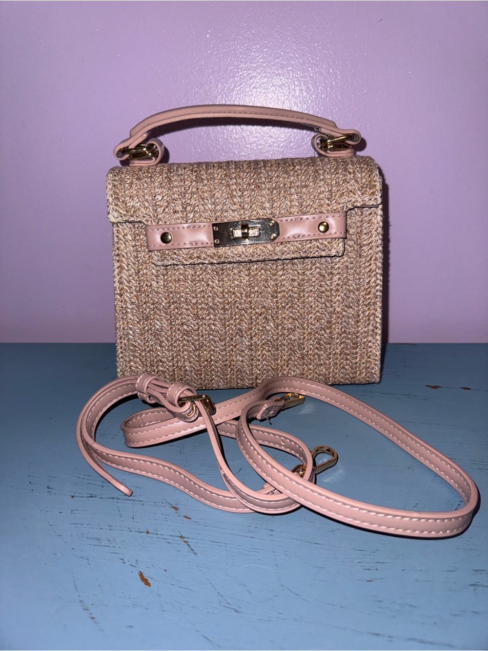 Versona Woven Crossbody Bag with Blush Pink Trim